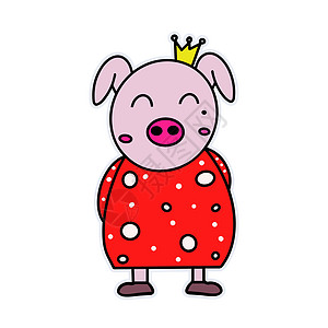 穿红裙子的滑稽猪 戴着皇冠的小猪 适用于明信片贴纸 T 恤和儿童书籍 孤立向量图片