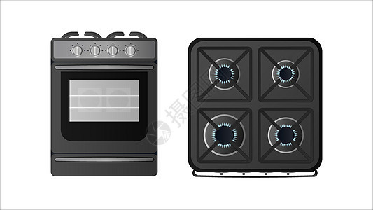 有顶视图的黑色厨房炉子 包括燃气灶 厨房的现代烤箱以一种现实的样式 孤立 向量控制安全危险蓝色化石金属烧伤火炉厨具烹饪图片