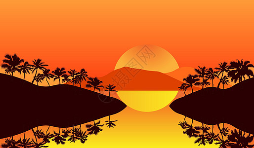 日落天空背景下平面图标设计中海滩上黄色剪影棕榈树的全景景观橙子椰子棕榈天空动物日落海岸插图热带海洋图片