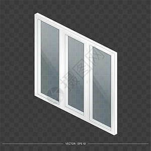 白色金属塑料窗与 3D 透明眼镜 写实风格的现代窗口 等距矢量图框架房子控制板住宅窗格公寓技术玻璃窗台房间图片