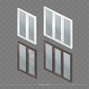 一大套带有 3D 透明眼镜的金属塑料窗户 写实风格的现代窗口 等距矢量图矩形控制板办公室窗格窗台玻璃房子窗扇现代窗住宅图片