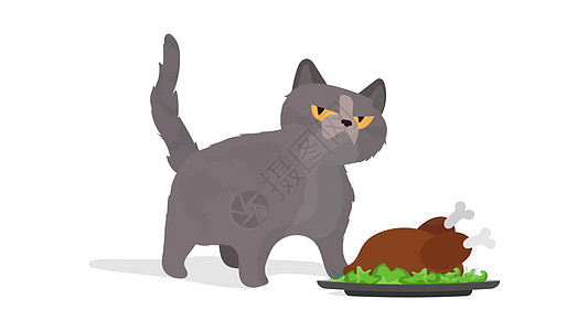 滑稽的猫拿着烤火鸡 一只表情滑稽的猫拿着一只炸鸡 适用于贴纸卡和 T 恤 孤立 向量样子卡通片小猫父亲明信片油炸枞树礼物宠物绘画图片
