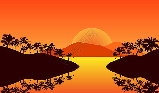 日落天空背景下平面图标设计中海滩上黄色剪影棕榈树的全景景观地平线天空假期棕榈太阳阴影阳光海岸热带宽屏图片