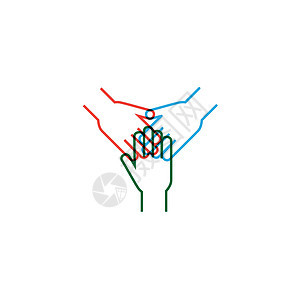 三个线性手放在一起 团队合作手标志 在白色背景上孤立的种群矢量图图片