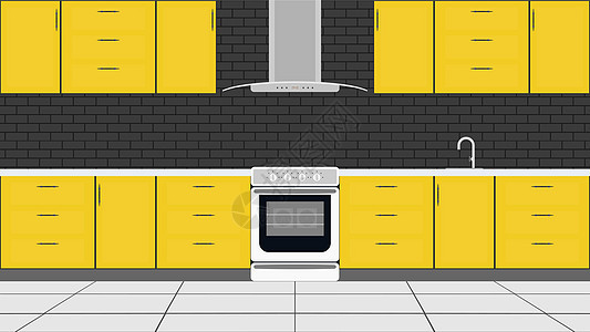 平面风格的时尚厨房 黄色厨柜StoveOven 向量图片