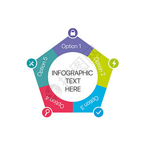 带有五个选项或步骤的信息图表星 带有文本区域和额外图标的业务演示文稿模板 在白色背景上孤立的种群矢量图营销数据进步金融商业流程圆图片