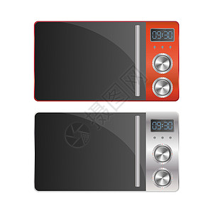 一套现代微波炉 孤立在白色背景上的时尚微波炉 现实矢量电气家庭金属烹饪厨房温度火炉食物房子按钮图片