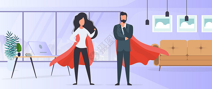 穿着红色雨衣的女孩和男孩 女人和男人的超级英雄 成功人士企业或家庭的概念 向量商界建设同事优胜者商务团队精神领导天空员工主角图片