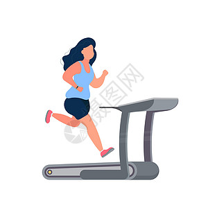 胖女孩在跑步机上跑步 跑步胖女人在模拟器上锻炼 减肥的概念和健康的生活方式 孤立 韦克托图片