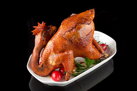 烤鸡 中国菜盘子香料家禽午餐草本植物营养烹饪大腿叶子食物背景图片