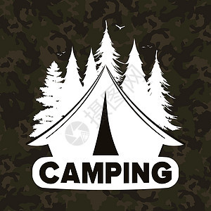 露营方形横幅 带帐篷和森林轮廓的露营标志 向量图片