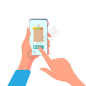 一个女孩通过电话购买食物 在线购买食品 有电话特写镜头的手 孤立 向量图片