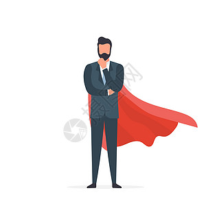 身穿红色斗篷的商务人士被白色背景隔离 一个穿西装的男人在思考一个主意 一个成功的企业家的概念 向量图片