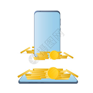有金币的智能手机 电话山的硬币 现金返还和手机银行的概念 孤立 向量展示报酬白色空白银行业金子飞行支付插图黄色图片
