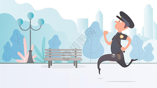 一名警察穿过公园 安全和安保概念 卡通风格 向量卡通片跑步权威执法犯罪头发服务工作市政男性图片
