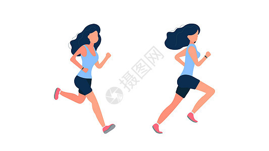 女孩在跑 穿着短裤和 T 恤的女孩正在慢跑 孤立 向量活动女性竞技训练耳机速度运动音乐插图日出图片