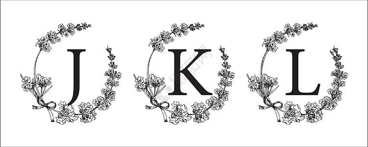 JKL 字母 设置现代手绘雕刻素描插图 薰衣草花环与字母组合 婚礼装饰的好主意 老式矢量印刷会徽标志标签设计图片