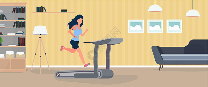 女孩在跑步机上跑步 这个女孩正在运行一个模拟器 运动和健康生活方式的概念 健身器材 向量活动运动员有氧运动赛跑者健身房成人短跑培图片