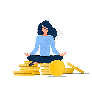 一个女孩正在金币山上冥想 盘膝女子坐钱山 储蓄和资本的概念 孤立 向量图片