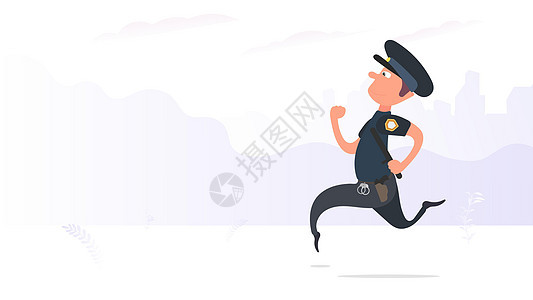 一名警察穿过公园 安全和安保概念 卡通风格 向量头发职业巡逻员男性市政跑步法律服务风险犯罪图片