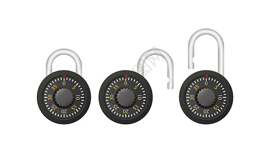 安心保障有代码的挂锁 用于门保险箱和手提箱的挂锁 平面样式 向量宏观拨号数字隐私帐户保障验证技术开锁钥匙插画