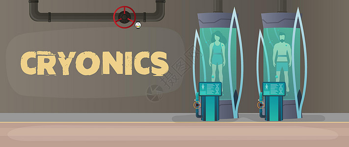 带有胶囊或容器的未来派低温横幅 用于人类的冷冻子技术或宇航员的低温室 科幻宇航员睡眠模式 卡通风格矢量皮肤程序调色温度旅行插图蒸图片