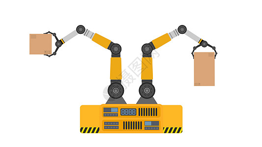 一个机械机器人拿着一个盒子 工业机械臂举起负载 现代工业技术 器具制造企业 孤立 向量送货商业横幅自动化制造业工具金属工厂汽车科图片