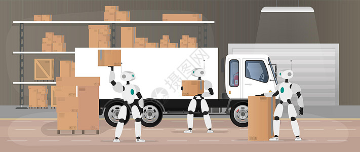机器人在制造仓库中工作 机器人搬运箱子并举起负载 货物运输和装载的未来概念 有箱子和板台的大仓库 向量途径库存叉车建筑物流技术机图片