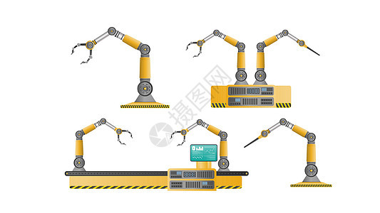 满是机械手的输送机自动生产线 自动运行 工业机器人机械手 现代工业技术 制造工厂的设备 孤立的 vecto金属工具电脑控制包装植图片