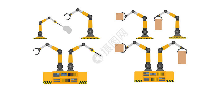 一套机械机器人拿着盒子 工业机械臂举起负载 现代工业技术 器具制造企业 孤立 向量电脑工作自动化机器工程工具人工智能控制工厂制造图片