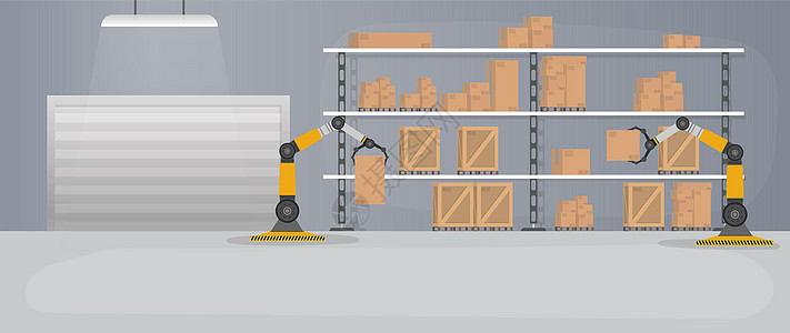 有箱子和板台的生产仓库 机械臂在仓库中工作 机器人手臂举起箱子图片