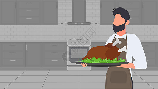 一个男人手里拿着一只烤火鸡 厨房围裙里的那个人拿着炸鸡 适合烹饪主题的横幅和文章 向量餐厅卡通片厨师服务油炸美食菜单食物家庭乐趣图片