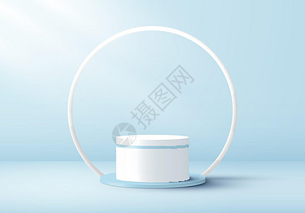 3D现实的白色圆柱和圆线背景 以软蓝色工作室室背景为背景图片