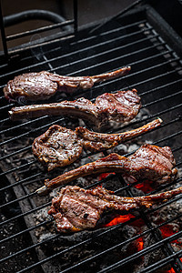 烧烤时吃羊肉牛排 野外BBQ烧烤炉着火煤炭烹饪火焰草本植物红色架子釉面肋骨黑色野餐图片