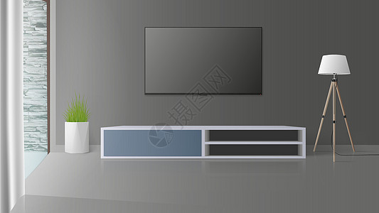 灰色墙上的电视 特写 TVa 长阁楼床头柜 矢量图屏幕监视器插图房间材料椅子桌子风格装饰房子图片