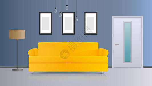 矢量图的内部 黄色沙发白色门头落地灯搭配白色灯罩白色吸顶灯 现实的矢量内部奢华插图天花板装饰白门酒店风格休息室家具房子图片