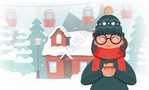 一个穿着冬装的女孩端着一杯热饮 白雪皑皑的森林中的房子 圣诞树山雪缆车或缆车 带有文本空间的横幅 矢量图图片