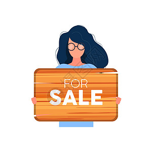 一位戴眼镜的女士举着一块木牌 上面写着待售 拿着在白色背景隔绝的木牌子的少妇 向量横幅演讲销售卡片木板女孩贴纸插图标签零售图片