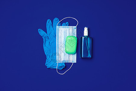 Corona病毒预防 蓝底面罩 手套 肥皂和防腐剂洗手液液体配件酒精口罩面具消毒感染安全凝胶图片
