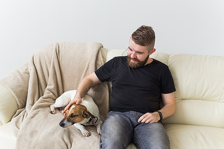 迷人开朗的白人男性穿着休闲 T 恤坐在沙发上最喜欢的宠物上 快乐的大胡子男人和他的杰克罗素梗犬 宠物主人的概念胡须眼睛哺乳动物微图片