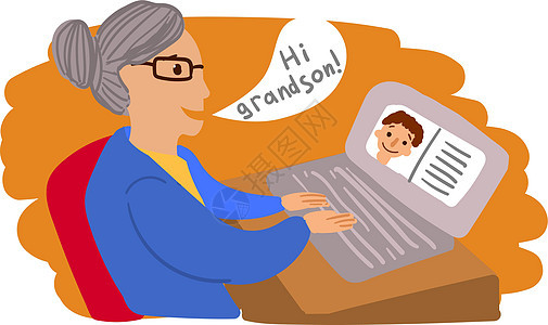 有膝上型计算机的愉快的祖母 手绘美丽的矢量图和祖母微笑插图女士电脑卡通片技术老年商业奶奶退休图片