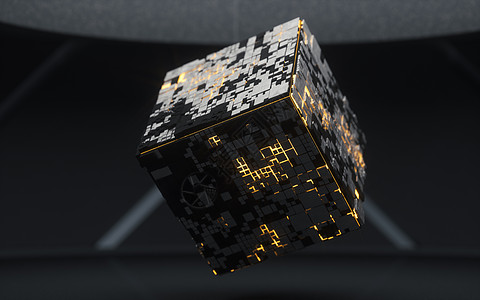 具有暗 room3d 渲染的立方体和材料正方形积木半导体几何学芯片活力网格化网络显卡计算图片