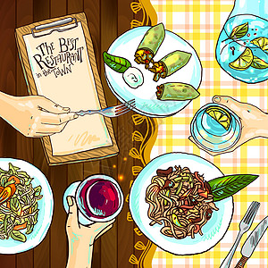 富餐厅咖啡店午餐沙拉优雅手绘粉笔画烹饪设计滚动模板图片