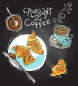 羊角面包和咖啡 为餐厅菜单手绘美丽的素描风格插图 顶视图图片