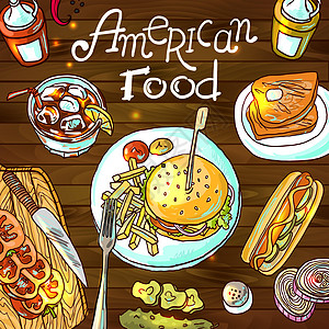 美国富收藏午餐桌子薯条早餐派对蔬菜芝士香肠绘画图片
