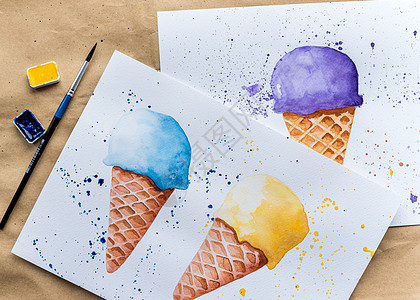 一套手工绘制的冰淇淋图片童年卡通片奶油水彩锥体绘画颜料盒艺术家涂鸦食物图片