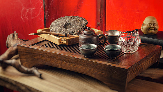 茶几与仪器茶壶杯子煎饼和茶沉普洱叶子智慧药品木头沸腾快乐礼仪圣火食物活力图片