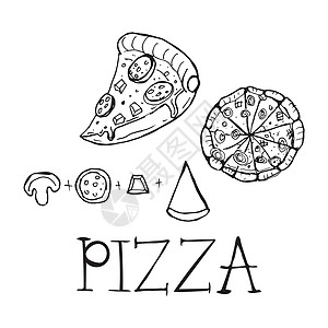 鸡排店菜单顶视图和美味的意大利比萨片 涂鸦插图设计图片