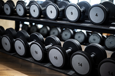 在健身房的架子上 紧贴着新的哑铃身体活动权重俱乐部杠铃训练力量举重金属运动图片