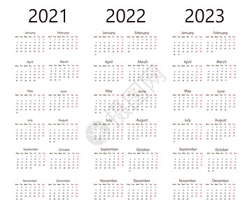 2021 2022 2023日历 周一 矢量插图 平面设计传单时间英语日记网格商业日程数字口袋打印图片